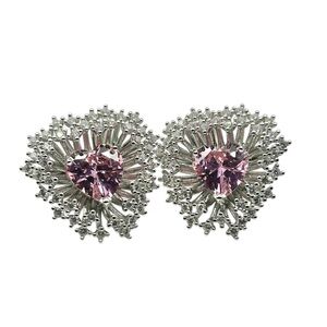 Silver & Pink Heart Floral Statement Stud Earrings White Gold Rhodium Zircon
